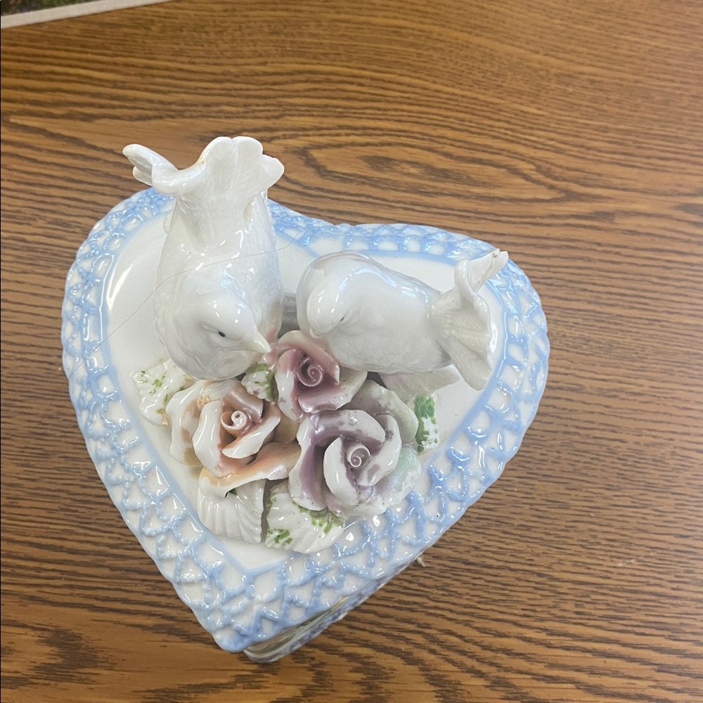 Heart-Shaped Ceramic Box with Birds and Roses